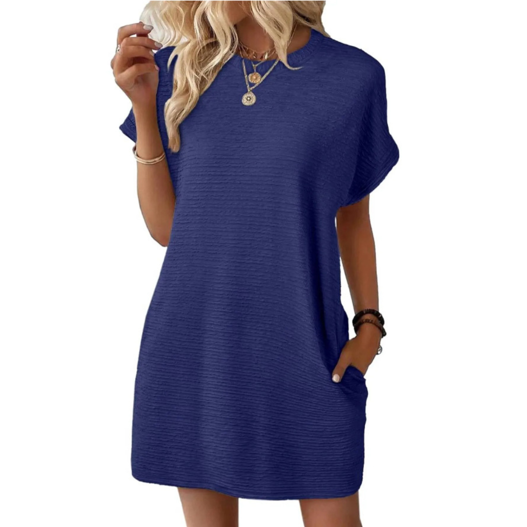 Roxanne | Women's Stretch Textured Crew-Neck Pocket Mini Dress