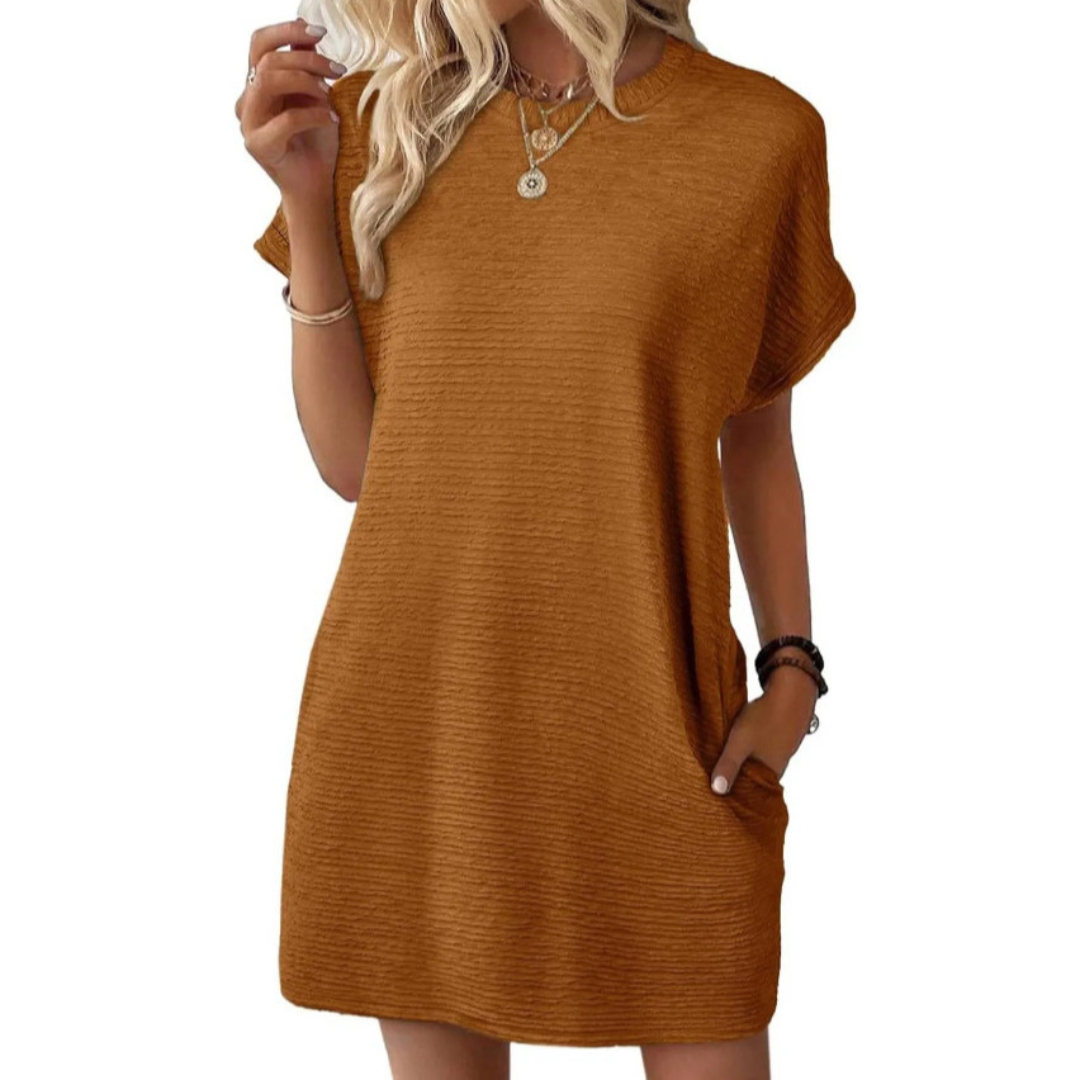 Roxanne | Women's Stretch Textured Crew-Neck Pocket Mini Dress