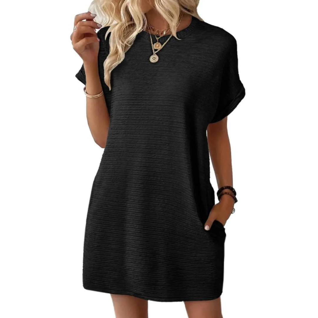 Roxanne | Women's Stretch Textured Crew-Neck Pocket Mini Dress