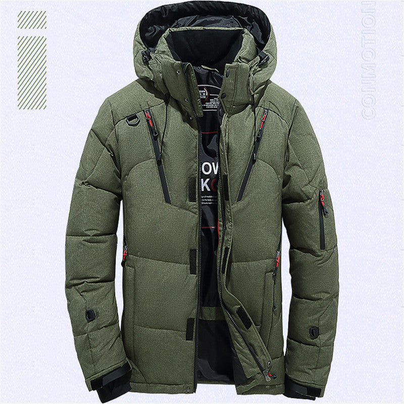 Men's hooded down puffer jacket with storm flap