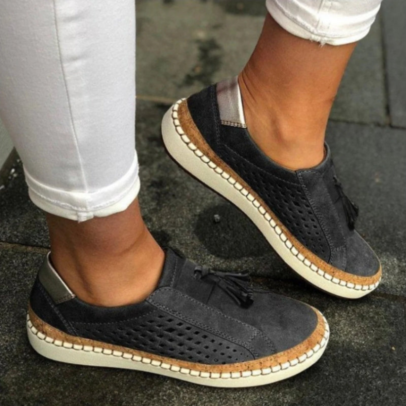 Sage | Women's Suede Breathable Cutout Tassel Slip-On Sneakers