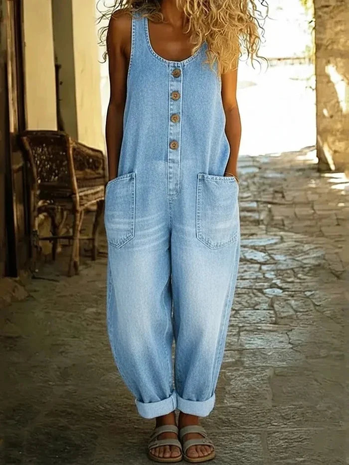 Women's wide-leg denim jumpsuit with adjustable straps