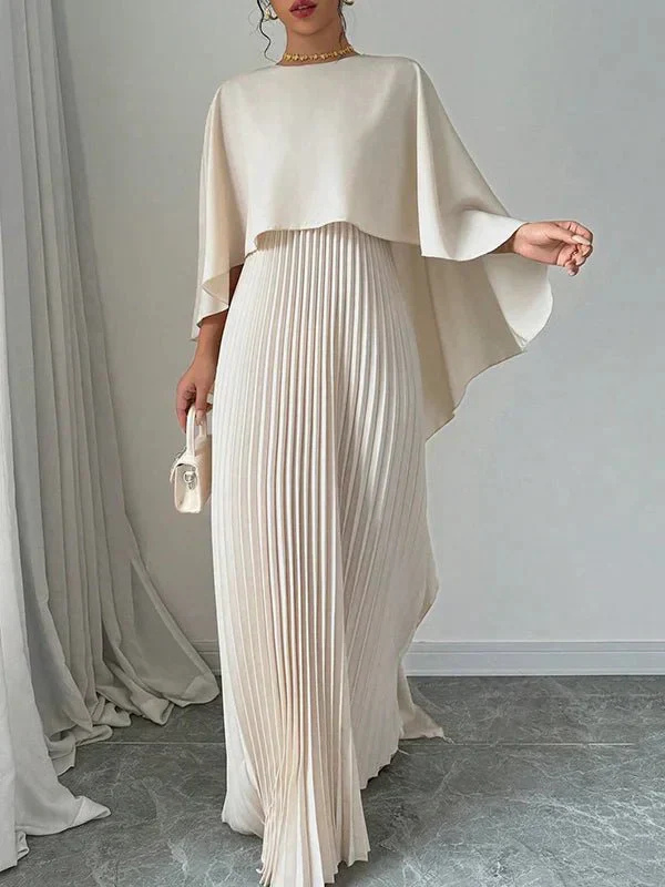 Serene | Women's Elegant Satin Cape Pleated Maxi Dress