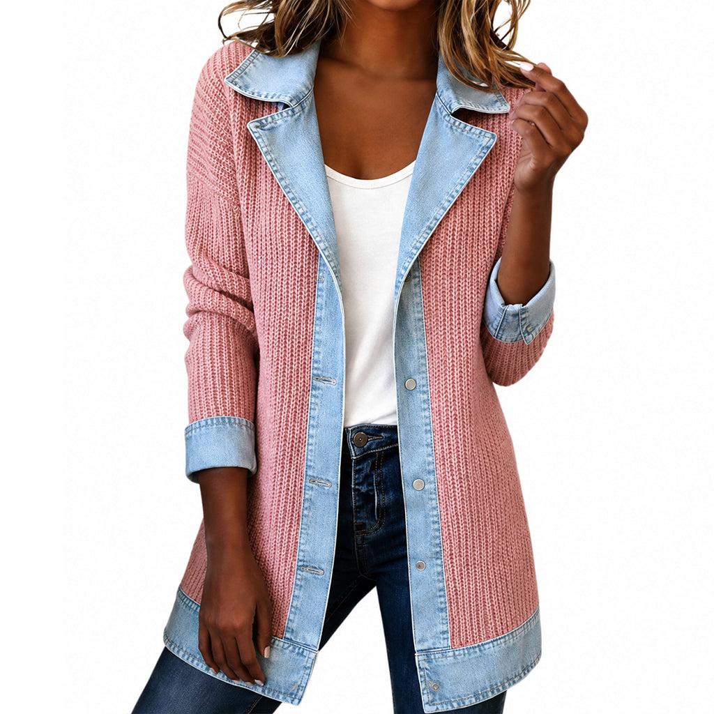 Woman wearing ribbed knit denim patchwork jacket