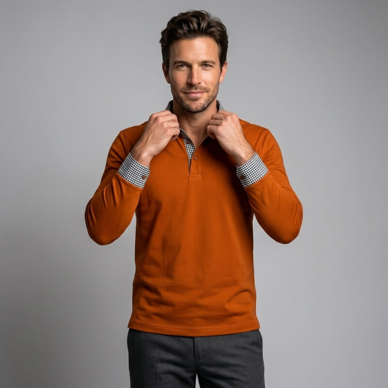 Long Sleeve Polo Shirt with Plaid Panel for Men - orange