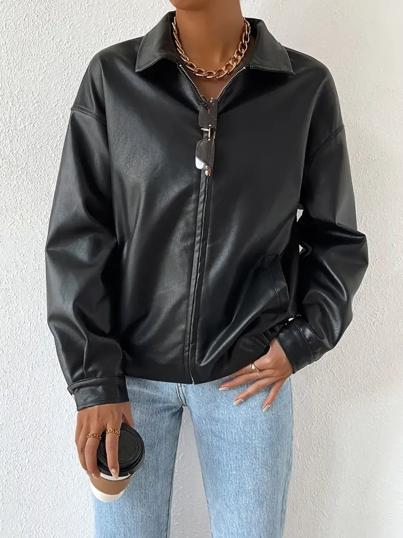 womens-bomber-jacket-with-faux-coated-finish-and-zip-front-2