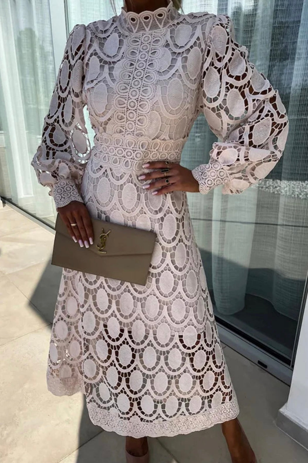 womens-formal-lace-midi-dress-with-stand-collar-and-puff-sleeves-3
