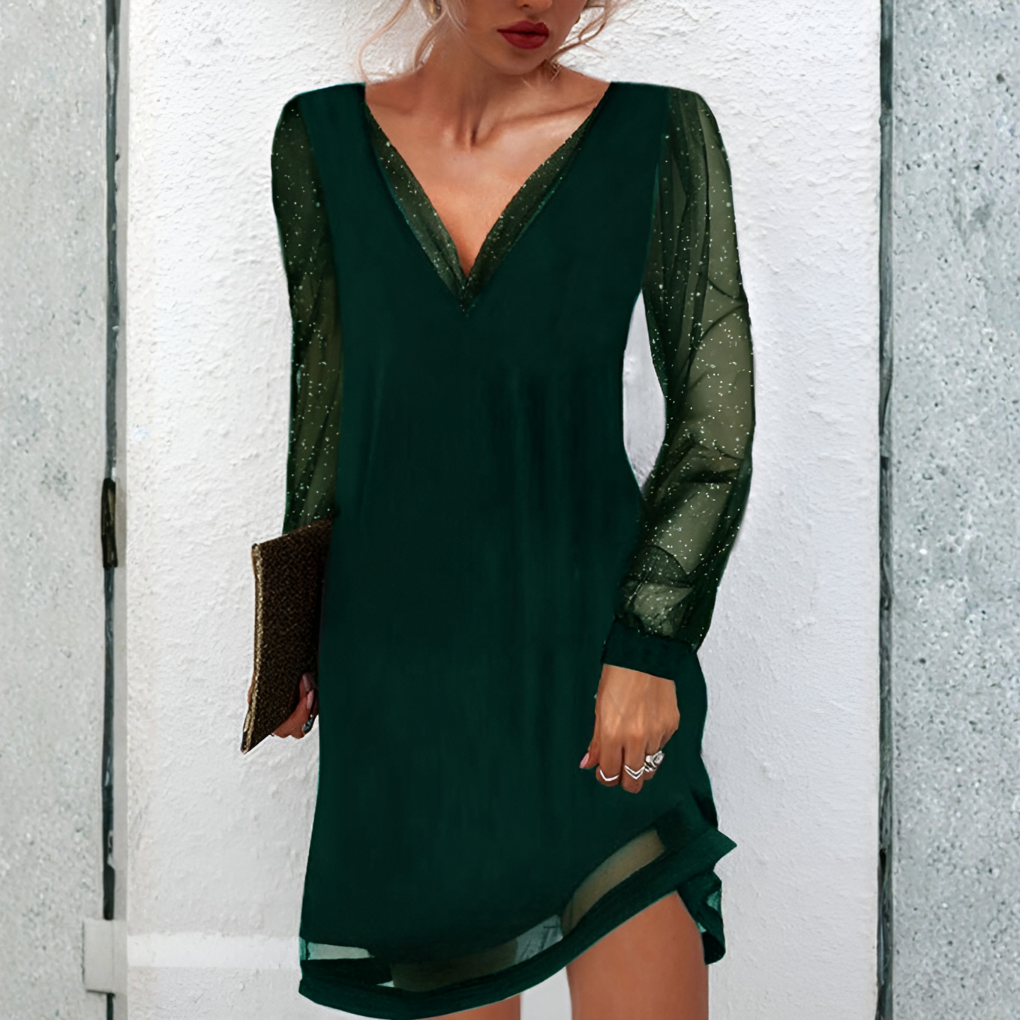 womens-midi-dress-in-mesh-with-sheer-sleeves-and-v-neck-3