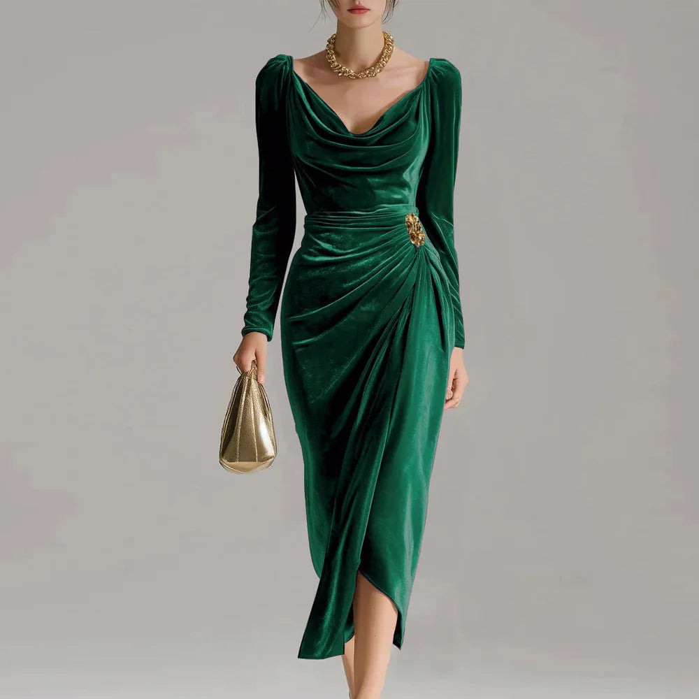 womens-midi-dress-in-velour-with-cowl-neck-and-ruched-wrap-skirt-4