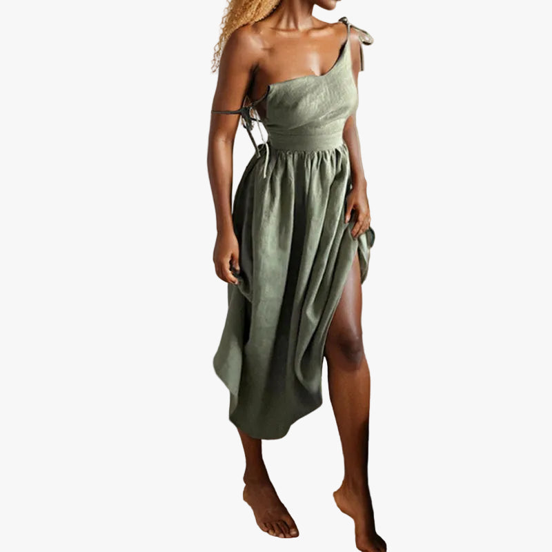 womens-midi-dress-in-woven-material-with-tie-straps-and-side-slit-1