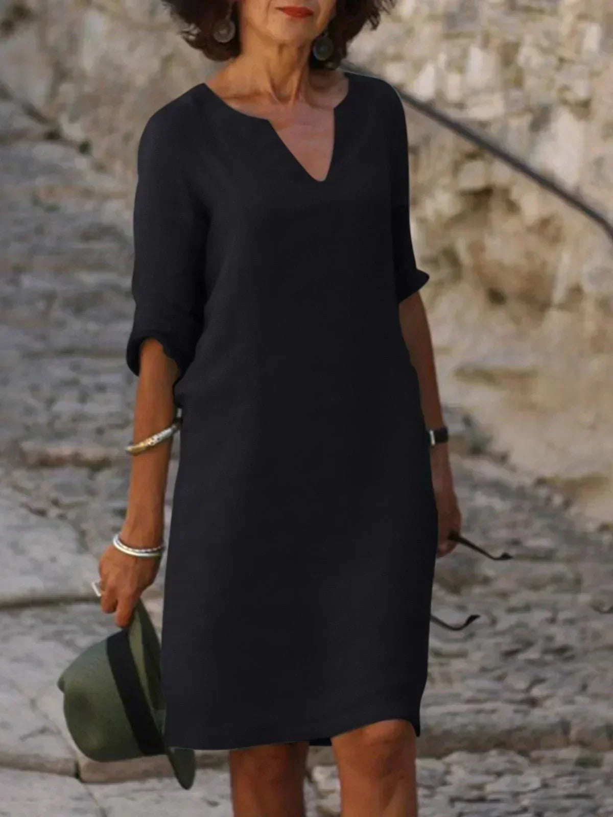 womens-midi-shift-dress-with-woven-surface-and-v-neckline-2