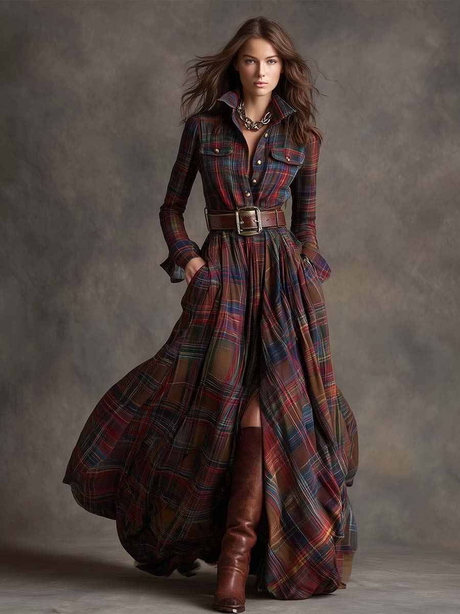 womens-plaid-woven-maxi-dress-with-button-placket-and-belt-2