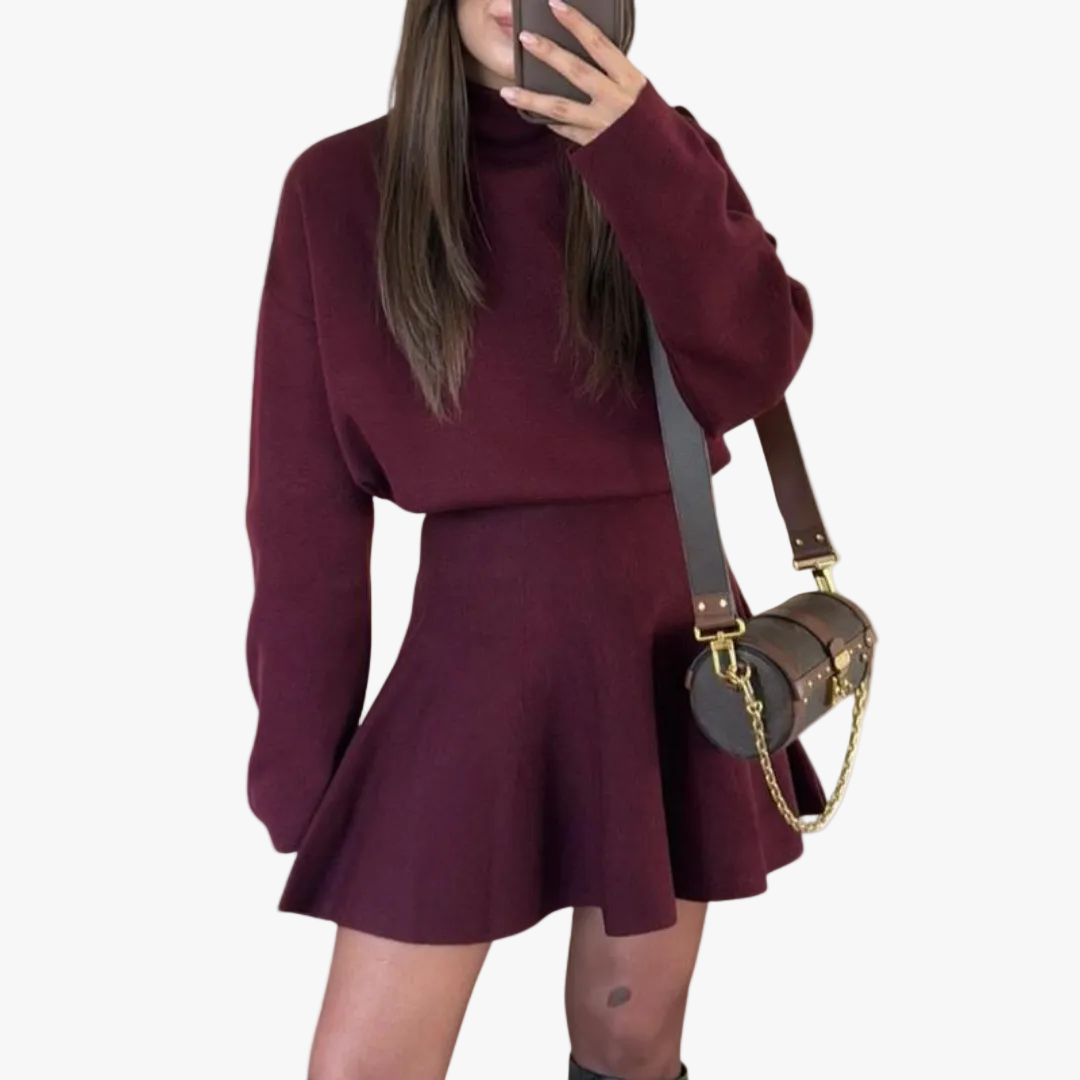 womens-sweater-dress-in-knit-with-mock-neck-and-flared-skirt-1