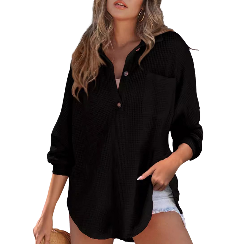 womens-waffle-knit-tunic-top-with-v-neck-and-button-placket-5