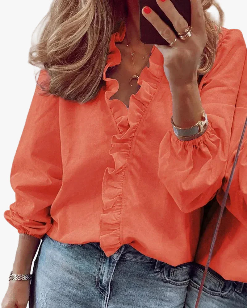 womens-woven-blouse-with-ruffled-v-neck-and-gathered-cuffs-1