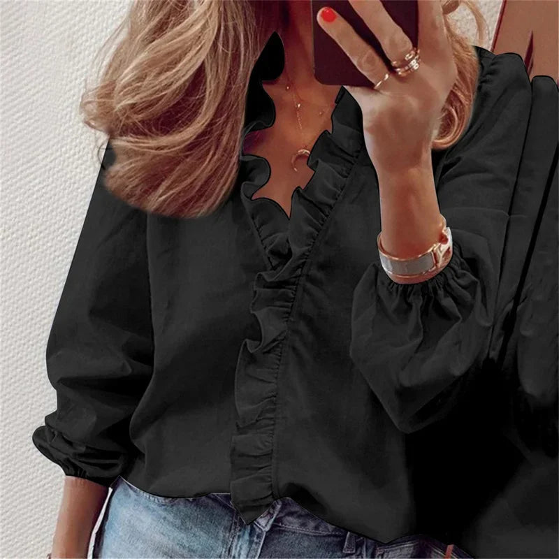 womens-woven-blouse-with-ruffled-v-neck-and-gathered-cuffs-4