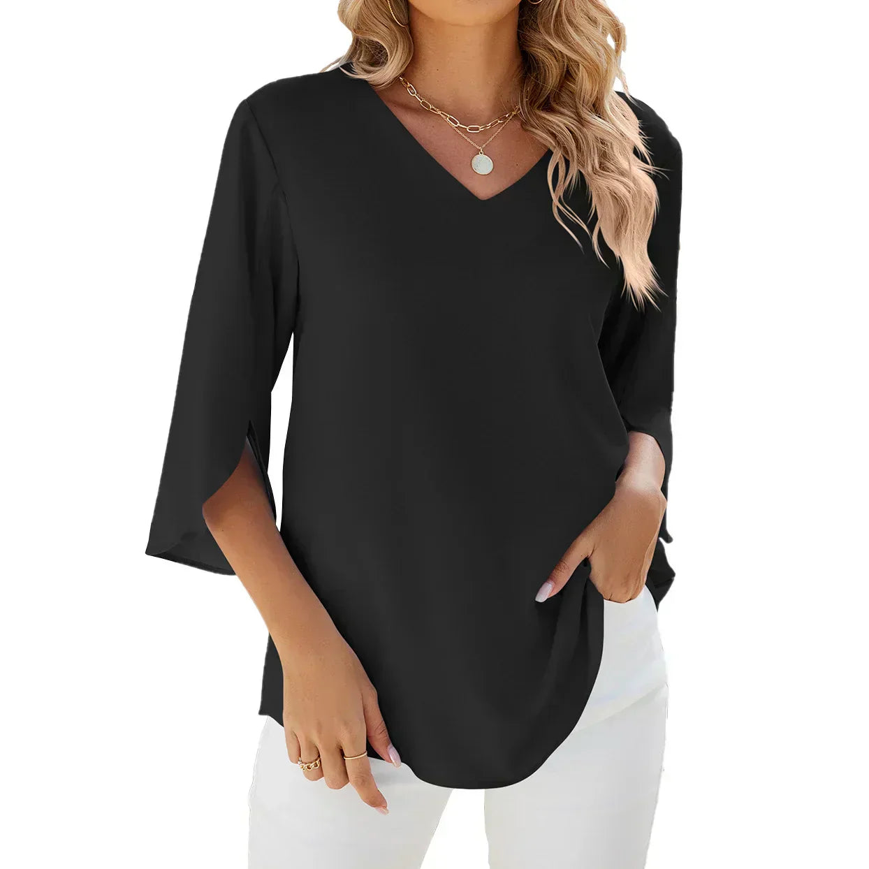 womens-woven-blouse-with-v-neck-and-split-sleeves-4