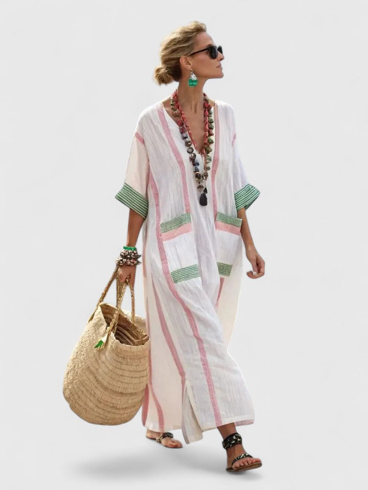 Zara | Women's Linen Stripe-Trim V-Neck Boho Maxi Dress