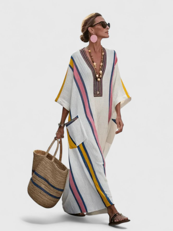 Zara | Women's Linen Stripe-Trim V-Neck Boho Maxi Dress