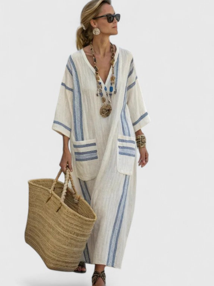 Zara | Women's Linen Stripe-Trim V-Neck Boho Maxi Dress