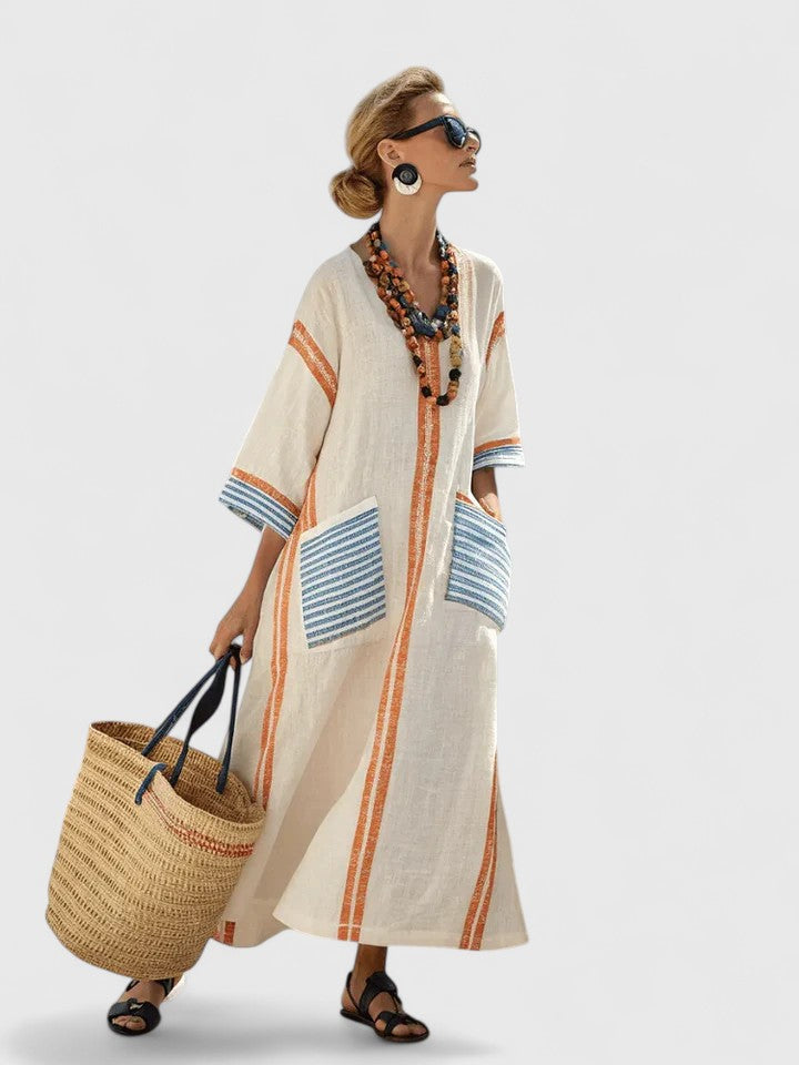 Zara | Women's Linen Stripe-Trim V-Neck Boho Maxi Dress