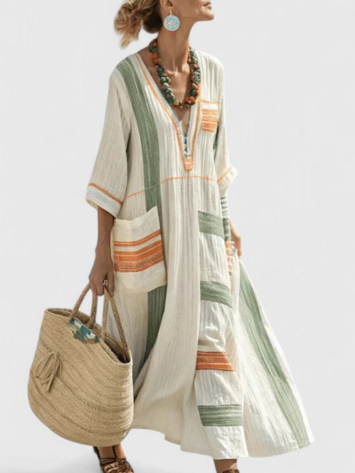 Zara | Women's Linen Stripe-Trim V-Neck Boho Maxi Dress