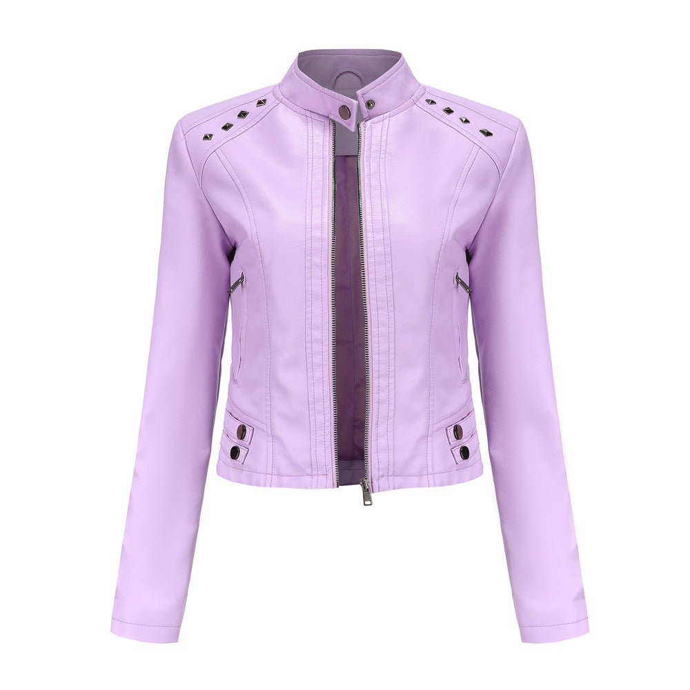 Women's studded faux leather short jacket with zip front