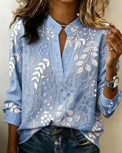 Women's draped V-neck floral blouse - blue