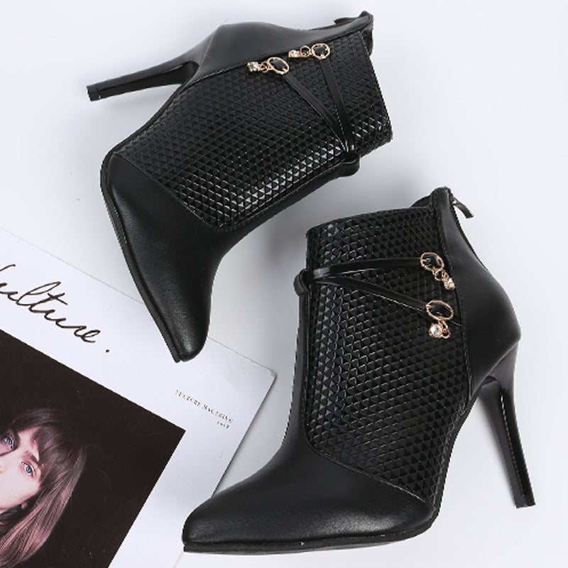 Black pointed toe stiletto ankle boots for women