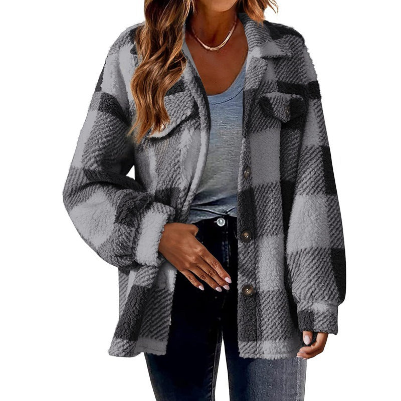Women's plaid blazer jacket with turndown collar