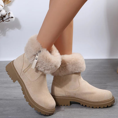 Women's beige winter boots with side zipper and plush lining