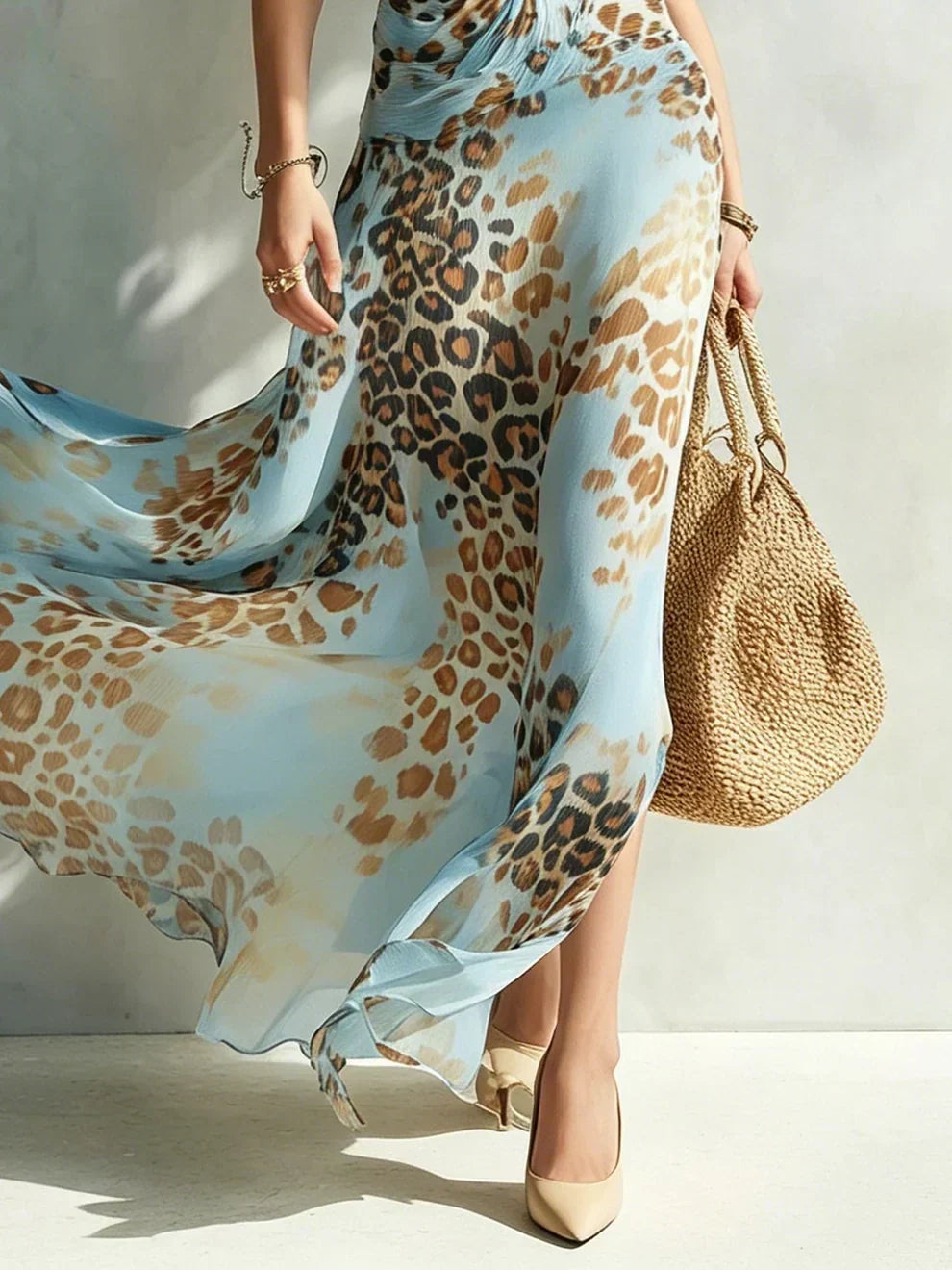Woman wearing leopard print halter neck maxi dress