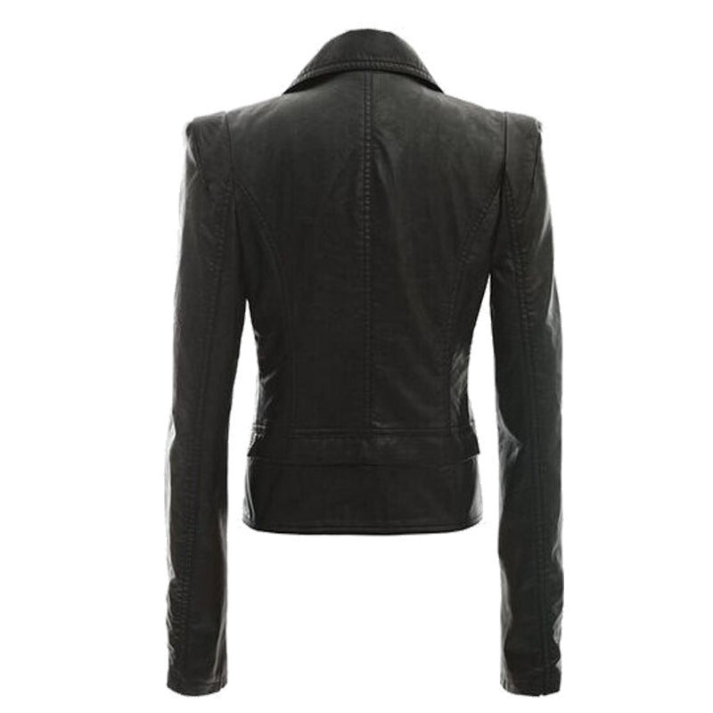 Woman wearing slim fit motorcycle faux leather jacket
