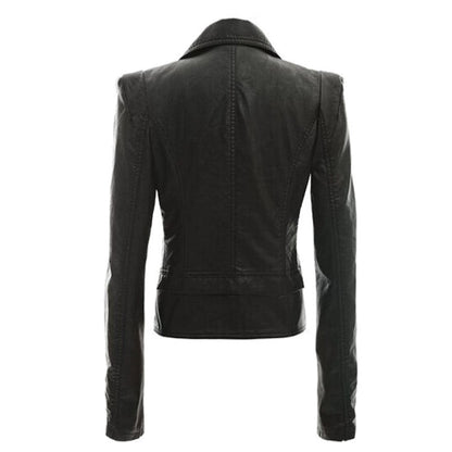 Woman wearing slim fit motorcycle faux leather jacket