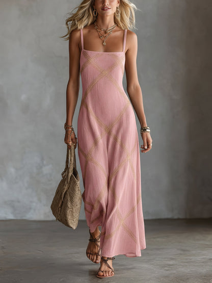 Woman wearing relaxed boho dress with geometric print