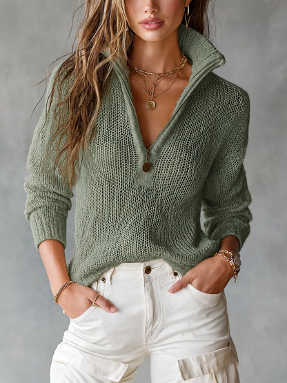 Women's open-knit half-zip relaxed sweater front view