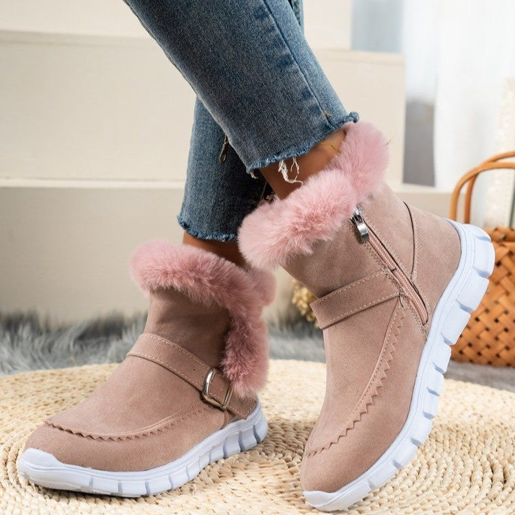 Women's flat plush lined ankle boots with buckle