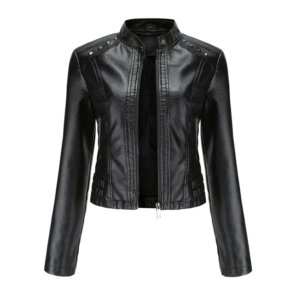 Women's studded faux leather short jacket with zip front