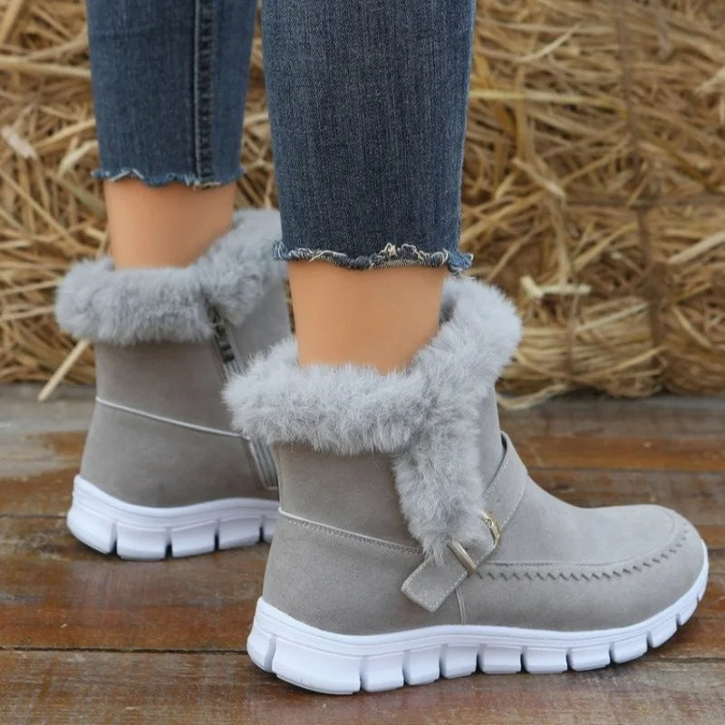 Women's flat plush lined ankle boots with buckle