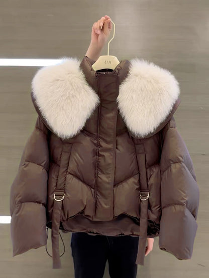 Women's padded winter coat with fur collar in black