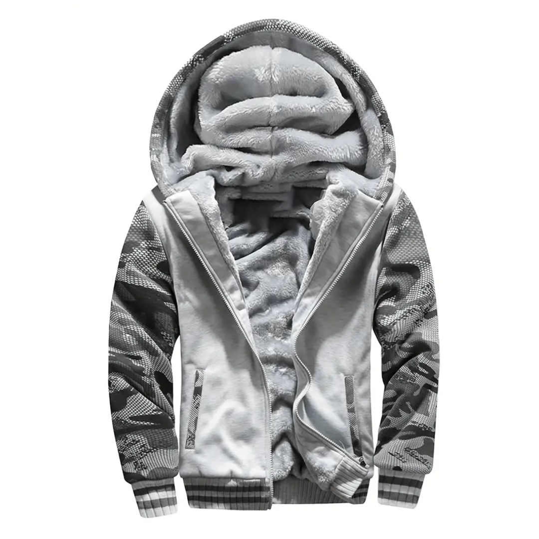 Fleece hooded jacket for men - light grey
