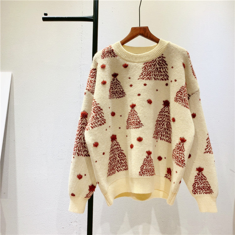Women's Christmas tree jacquard sweater in wine red