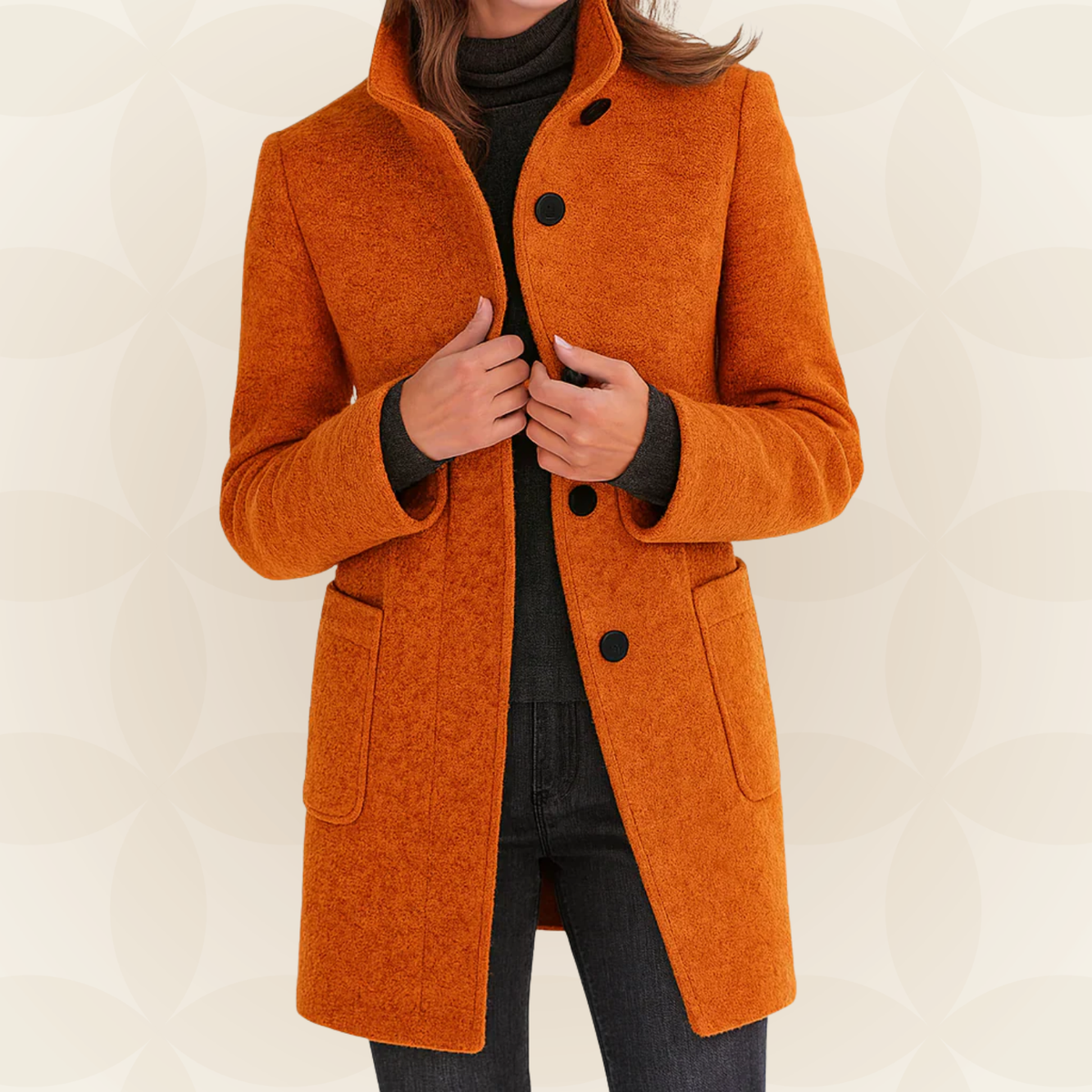 Woman wearing a straight coat with high collar and buttons