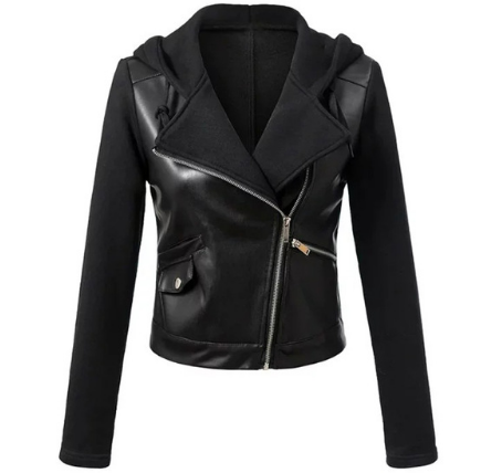 Black women's motorcycle jacket with biker-inspired silhouette