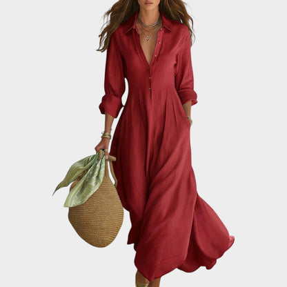 Woman wearing button front maxi dress with long sleeves