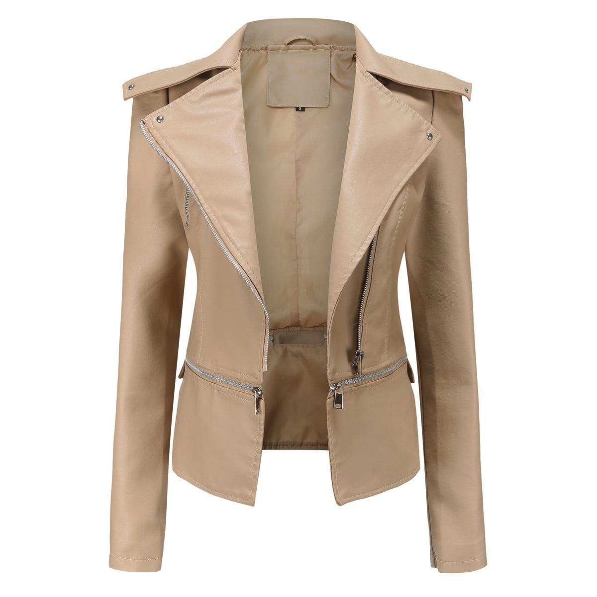 Woman wearing slim fit motorcycle faux leather jacket