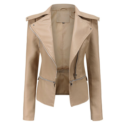 Woman wearing slim fit motorcycle faux leather jacket