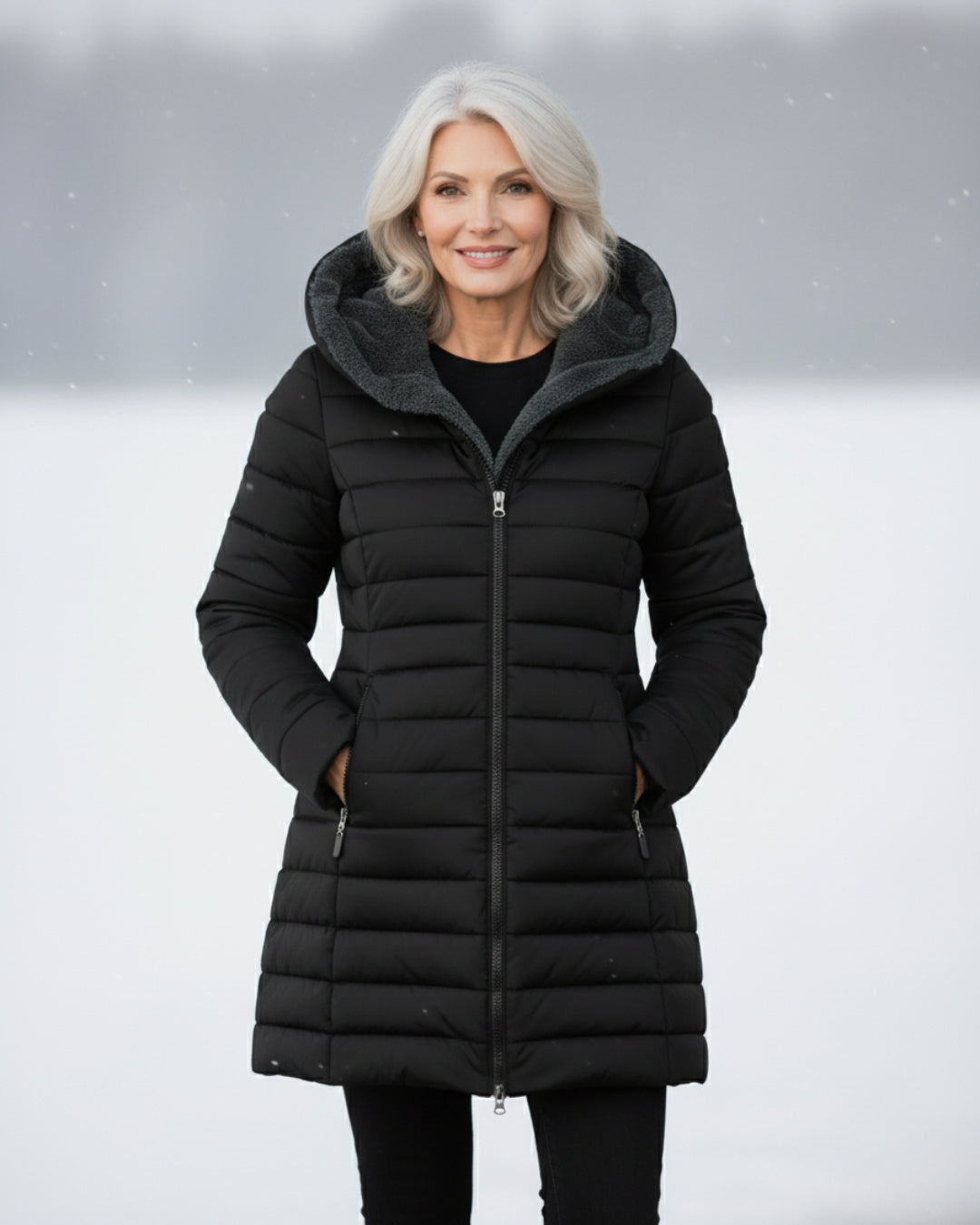 Woman wearing dark green fleece-lined A-line puffer coat