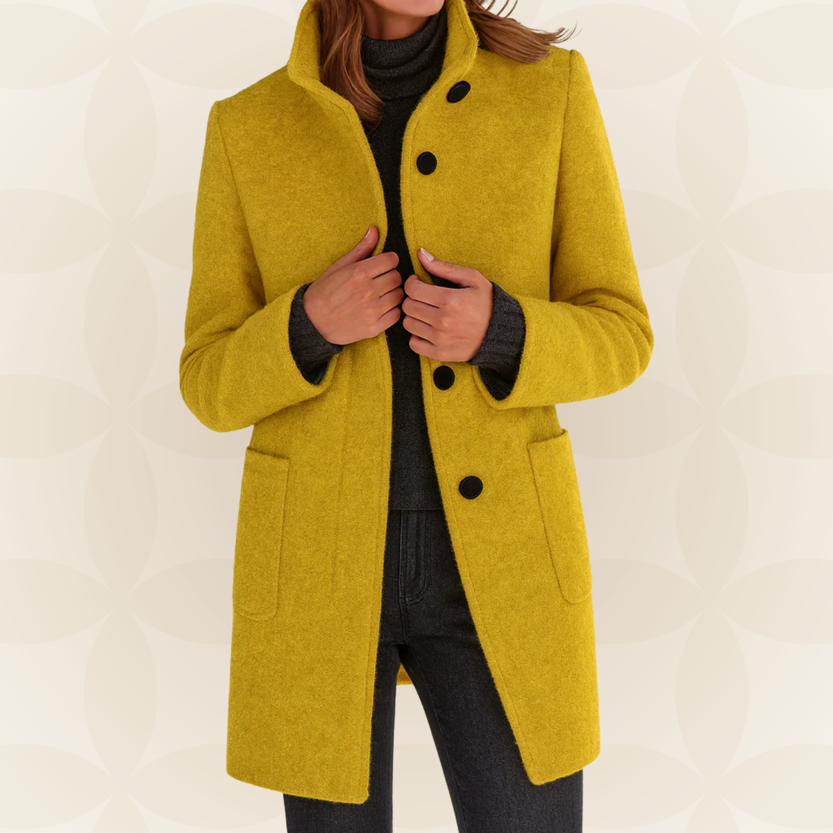 Woman wearing a straight coat with high collar and buttons