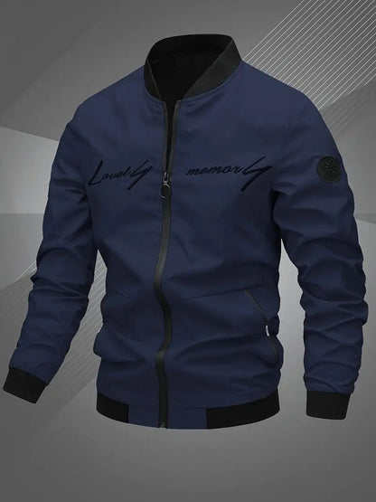 Athletic bomber jacket for men with stand collar - navy blue